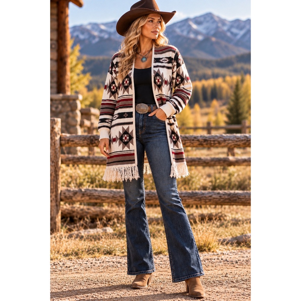 Southwestern Western Ranch Cardigan DusterCowgirl Yellowstone Boho Sweater Sz XL